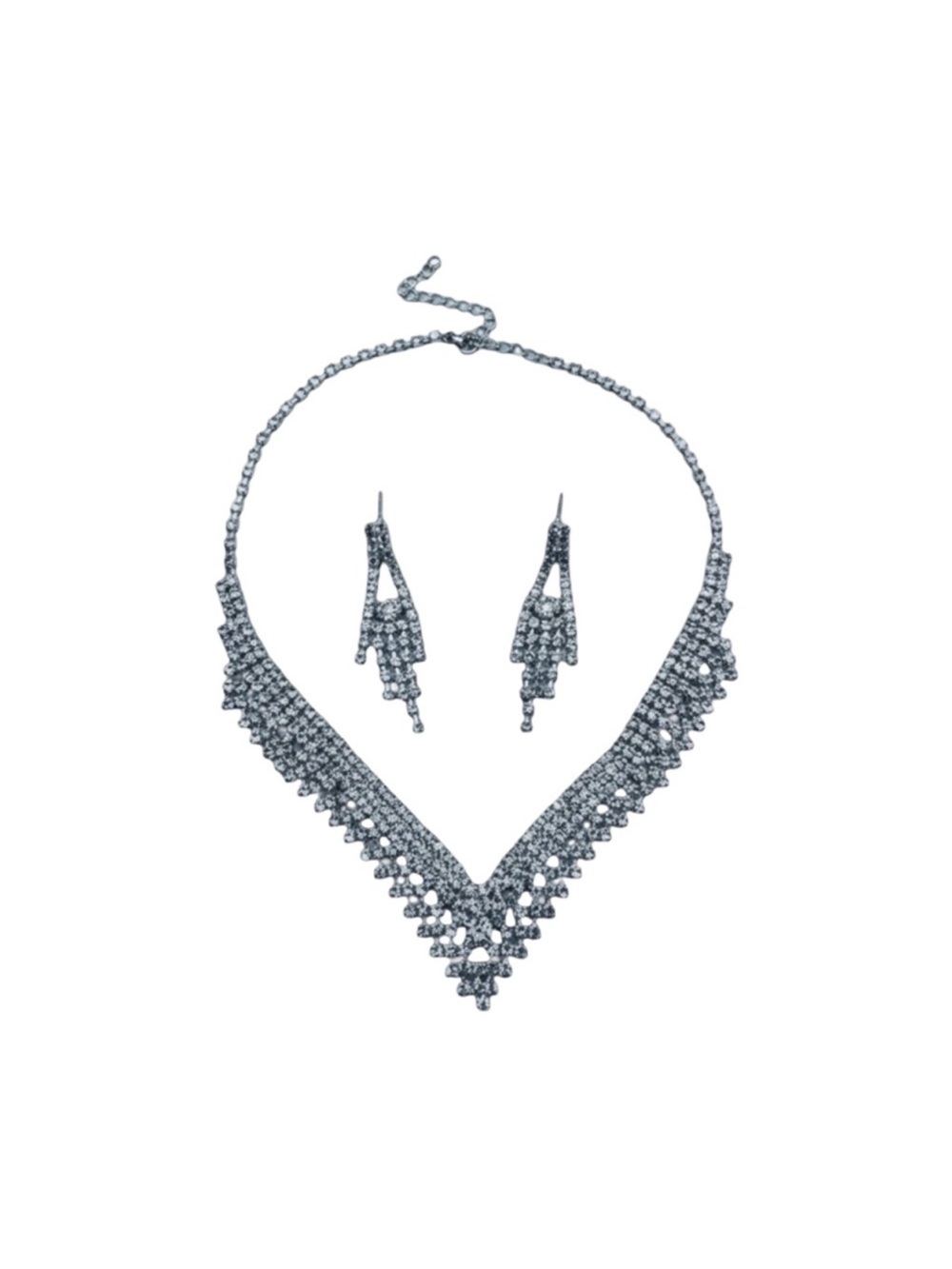 Elegant Silver Crystal V-Shape Necklace and Drop Earrings Set I FINAL PRICE DROP